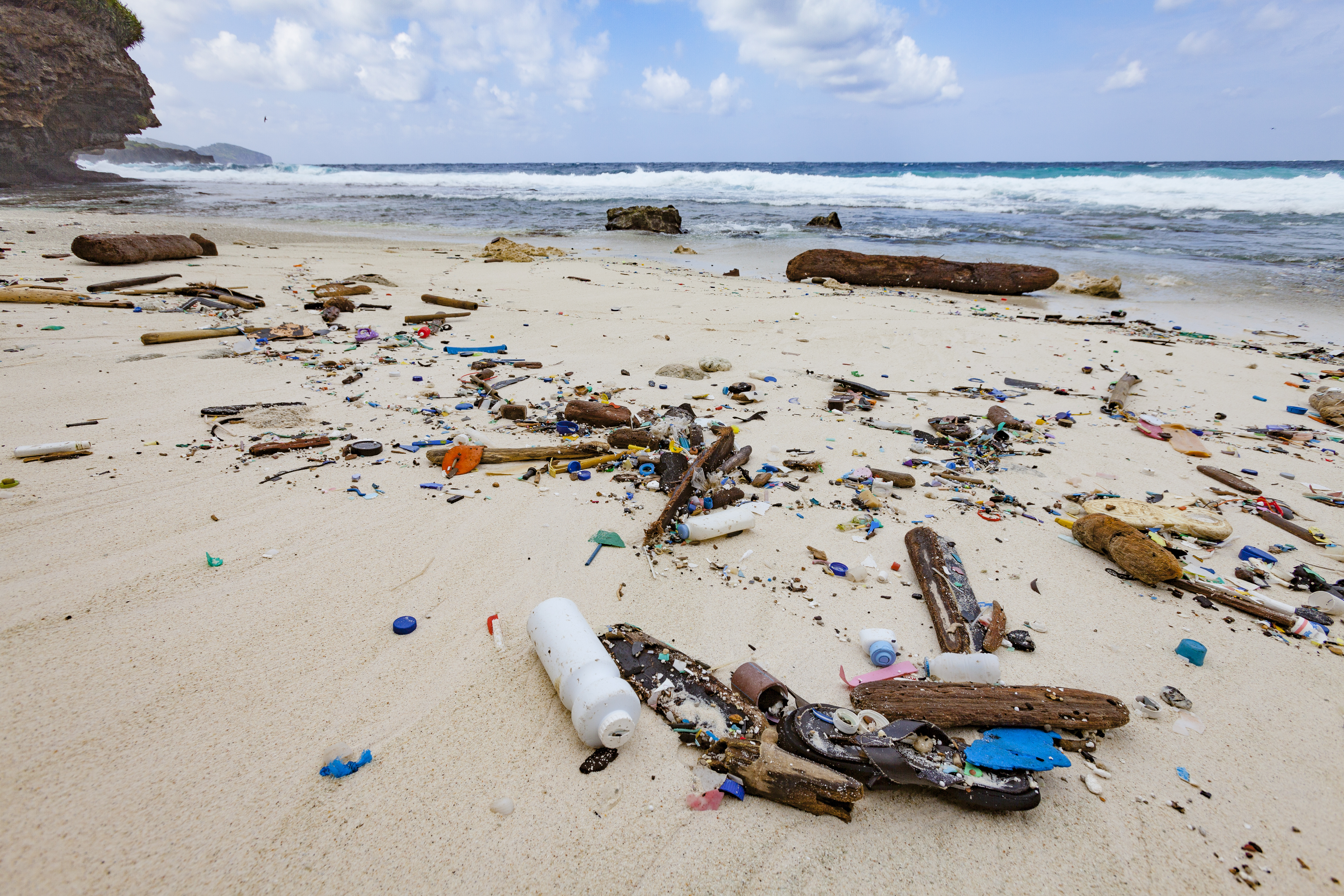 Rubbish washed up on a beach.